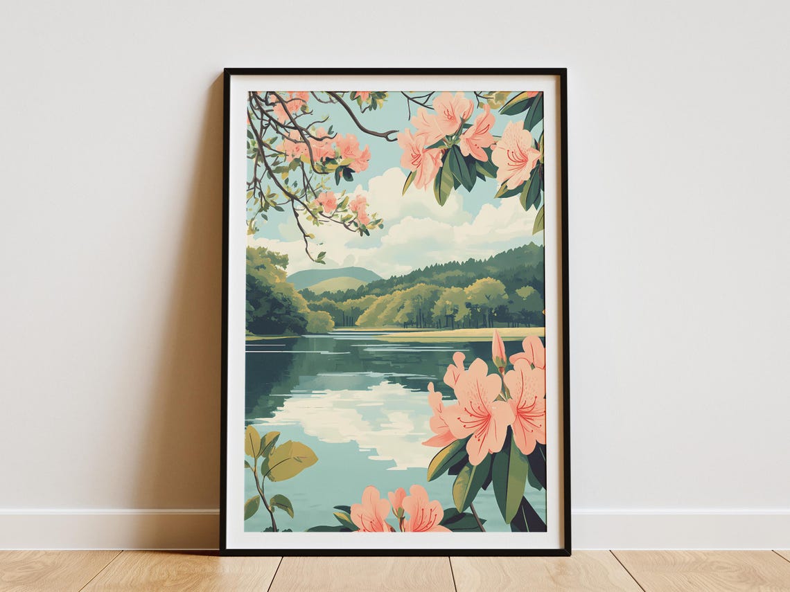 Pink Azalea Blossoms Framing a Lake View Poster With Calm Water