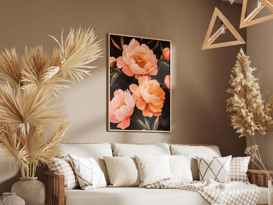 Peach Peony Blooms On Dark Background Bold Floral Art Poster - Image 3