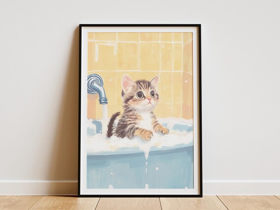 Tiny Tabby Kitten in Foamy Tub Sunny Yellow Tiles Art Poster