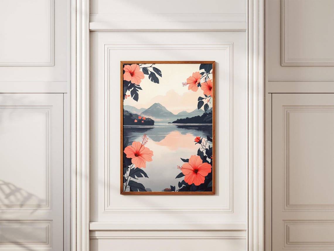 Blush Hibiscus Sunset Lake Misty Mountain Romantic Art Poster - Image 2
