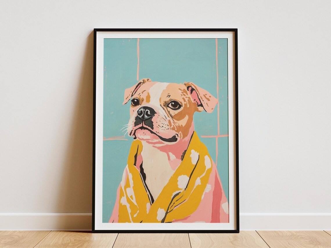 Staffy Puppy in Yellow Floral Bathrobe Teal Tile Bathroom Poster