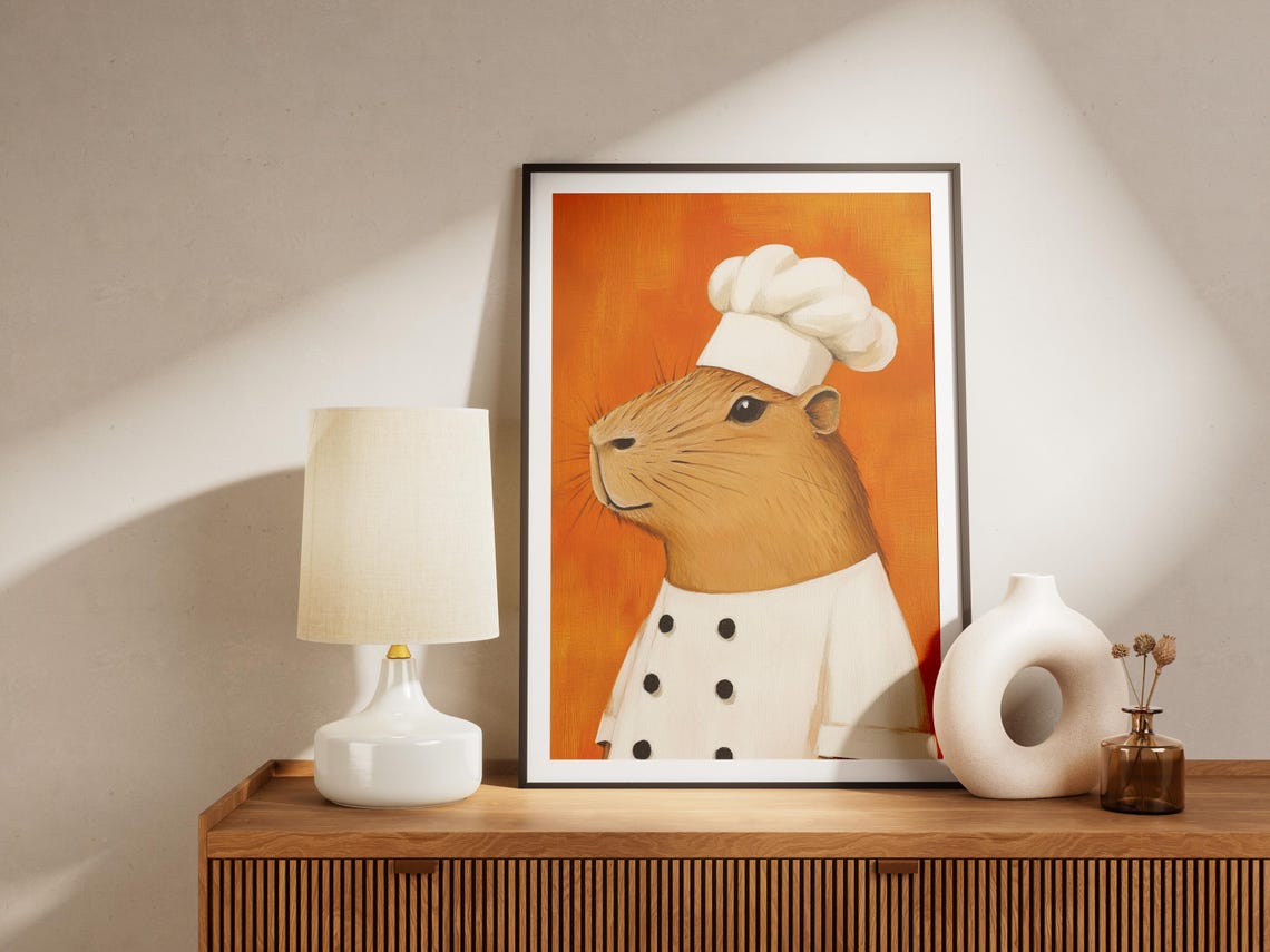 Capybara Chef Print Kitchen Art Funny Animal Poster Cute Wall In Chefs Hat Gift For Lovers Orange - Image 4