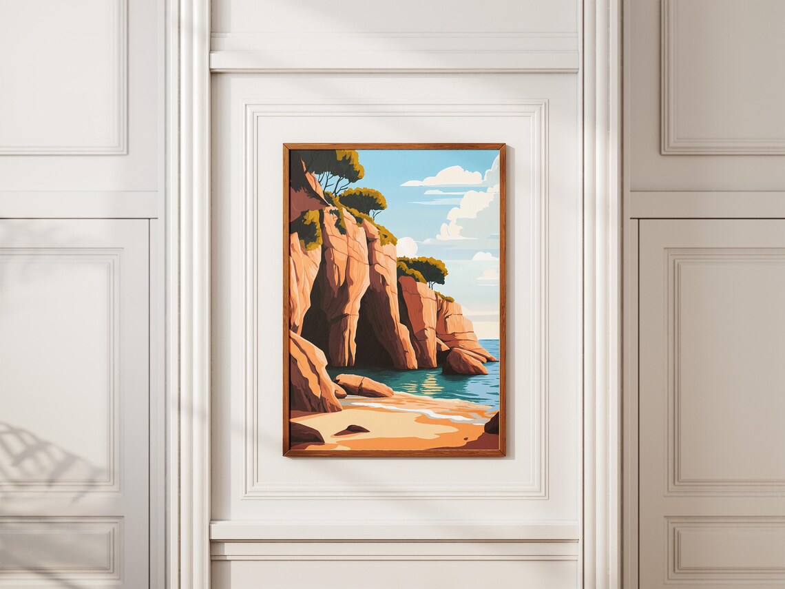 Sea Cave Red Rock Cliffs Coastal Beach Summer Illustration Poster - Image 2