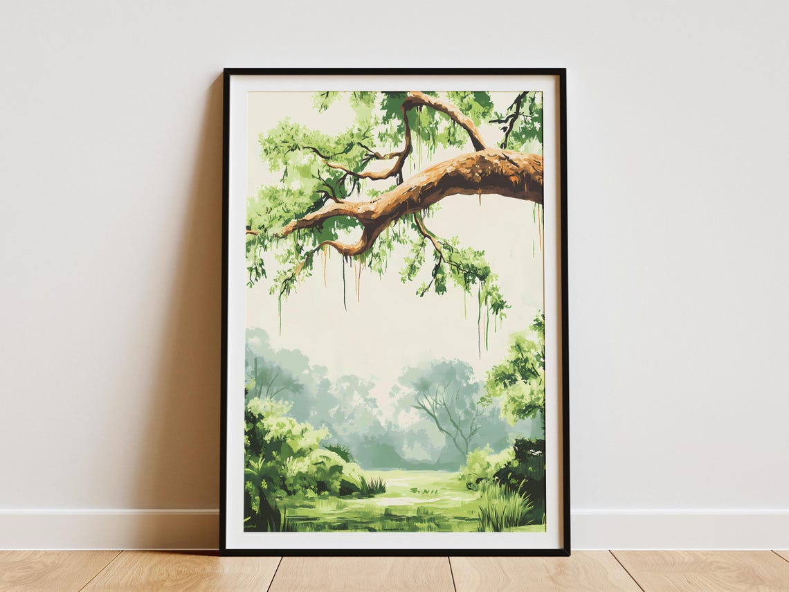 Mossy Green Tree Branch Hanging Moss Forest Clearing Watercolor Poster