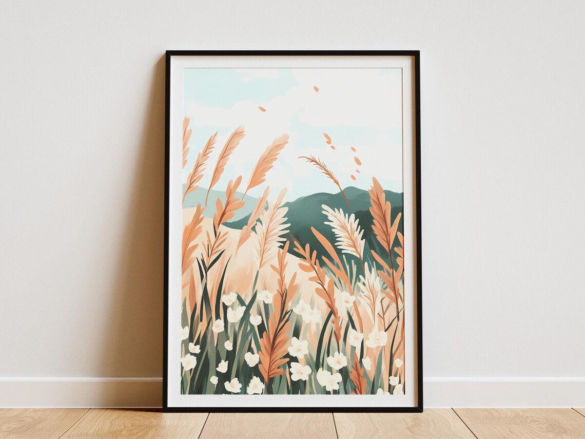 Autumn Meadow Grasses and Wildflowers with Green Mountains Poster