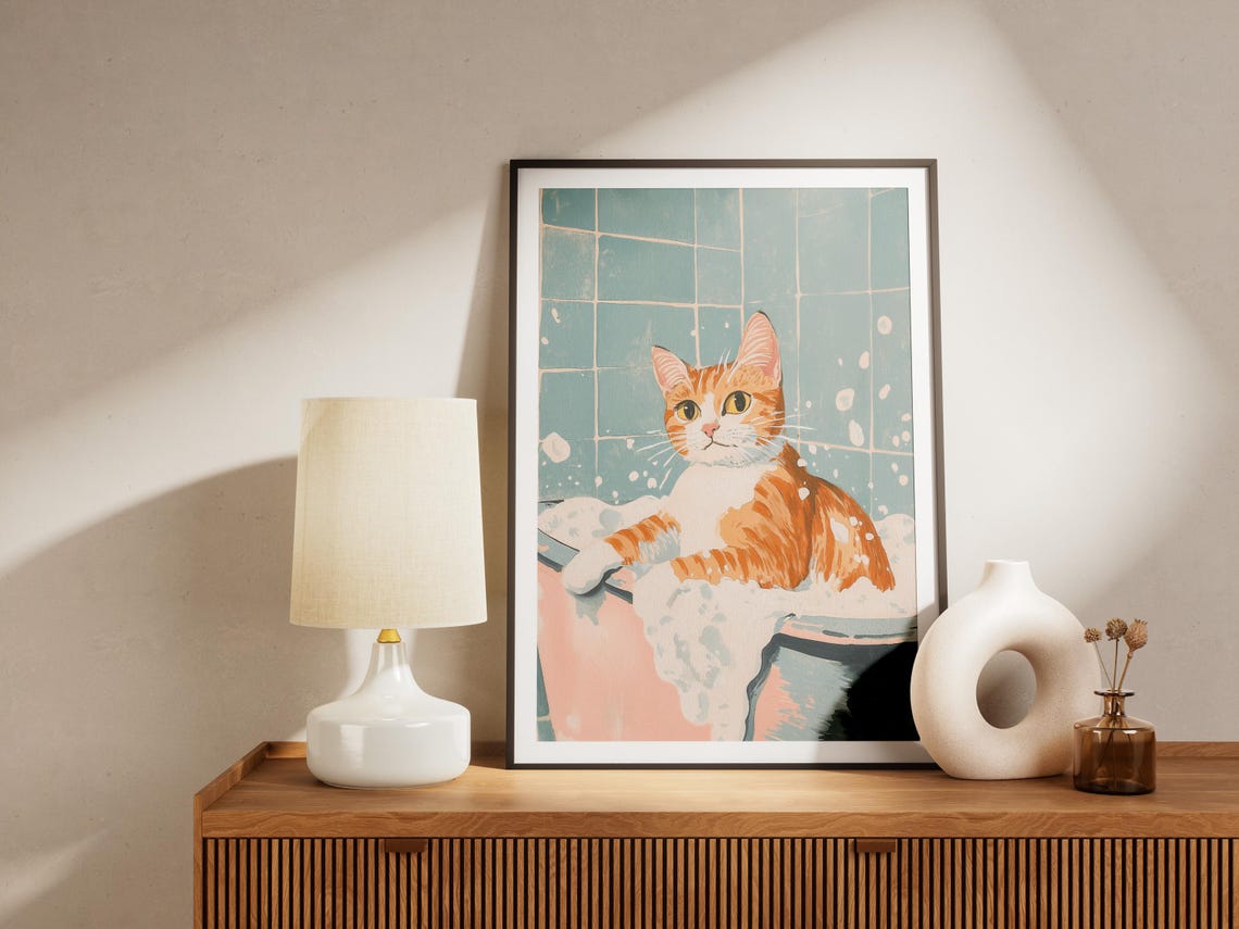 Orange Tabby Cat In Bubble Bath Poster Cute Pet Art For Bathroom Decor - Image 4