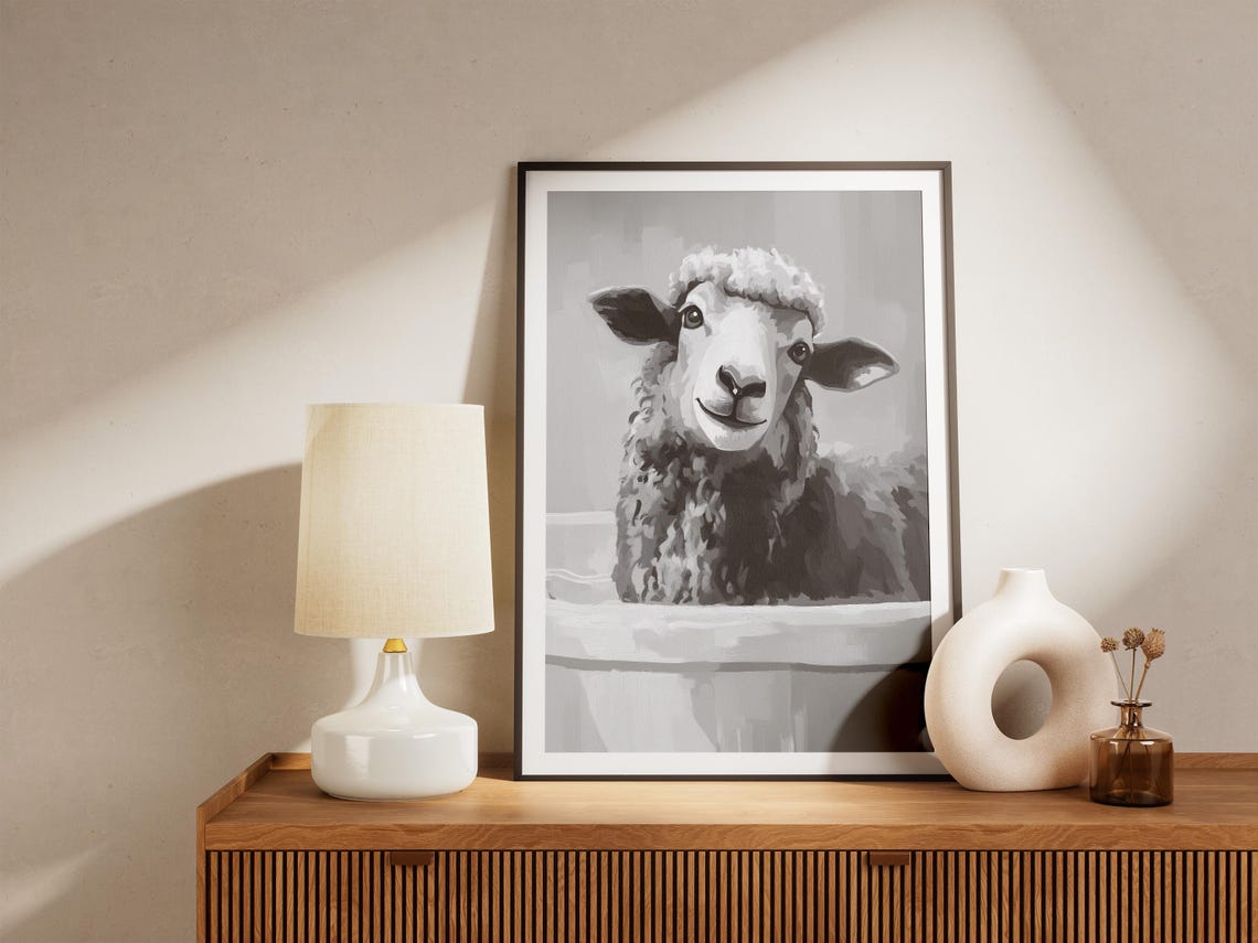 Goofy Sheep in Bathtub Funny Minimalist Farmhouse Bathroom Poster - Image 4