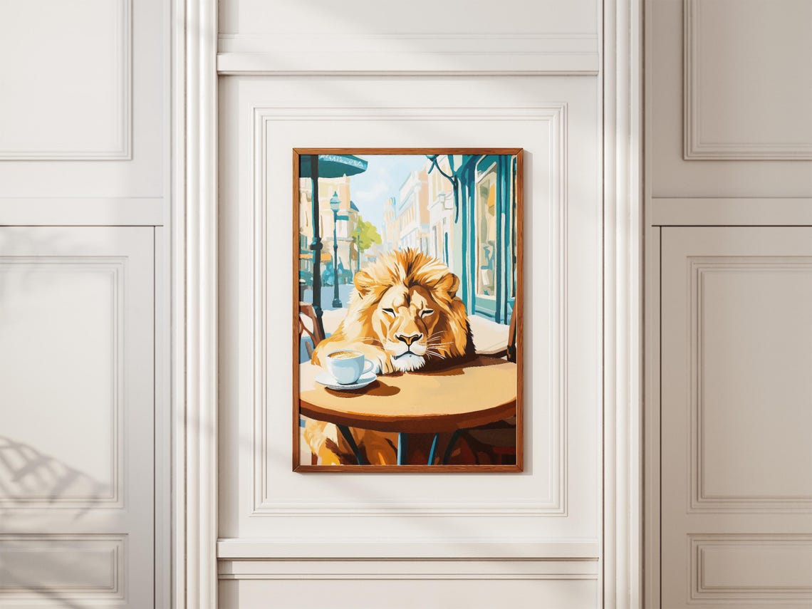 Sleepy Lion Coffee Poster Whimsical Animal Cafe Wall Decor Decor - Image 2