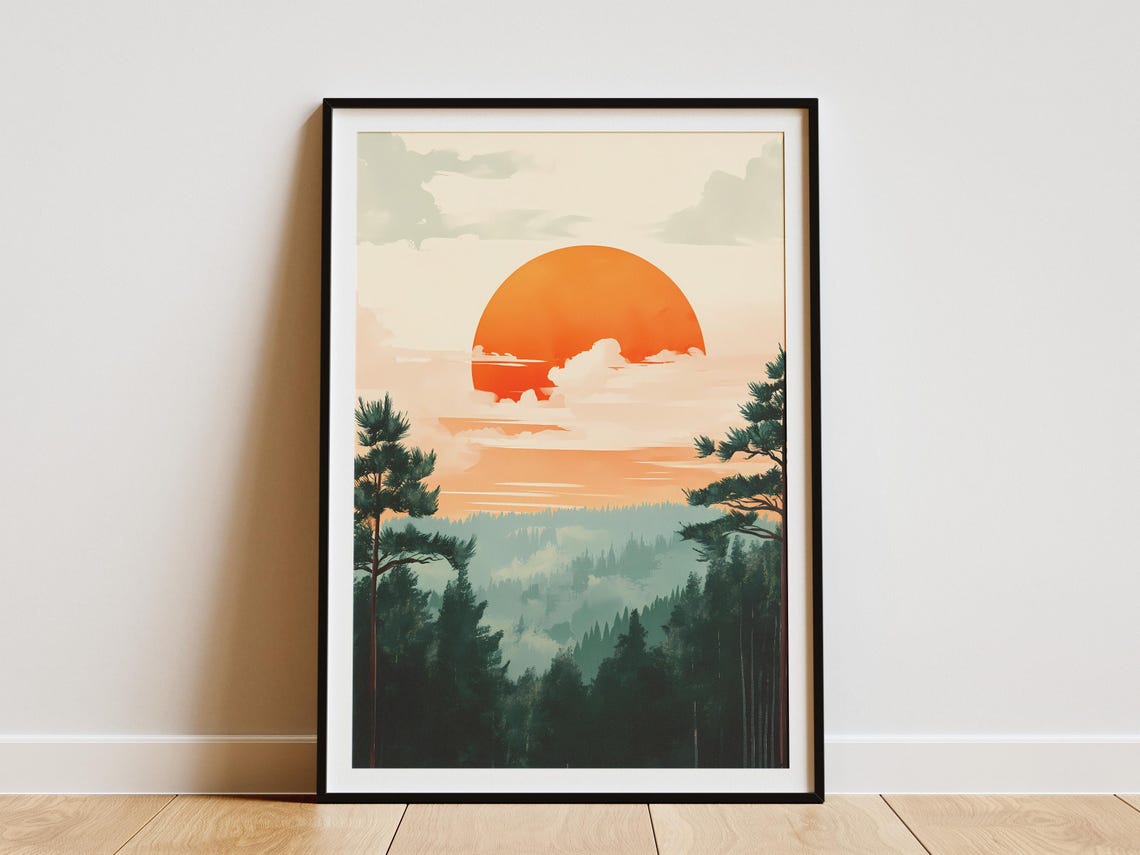 Giant Orange Sun Setting Over Misty Pine Forest Sunset Poster