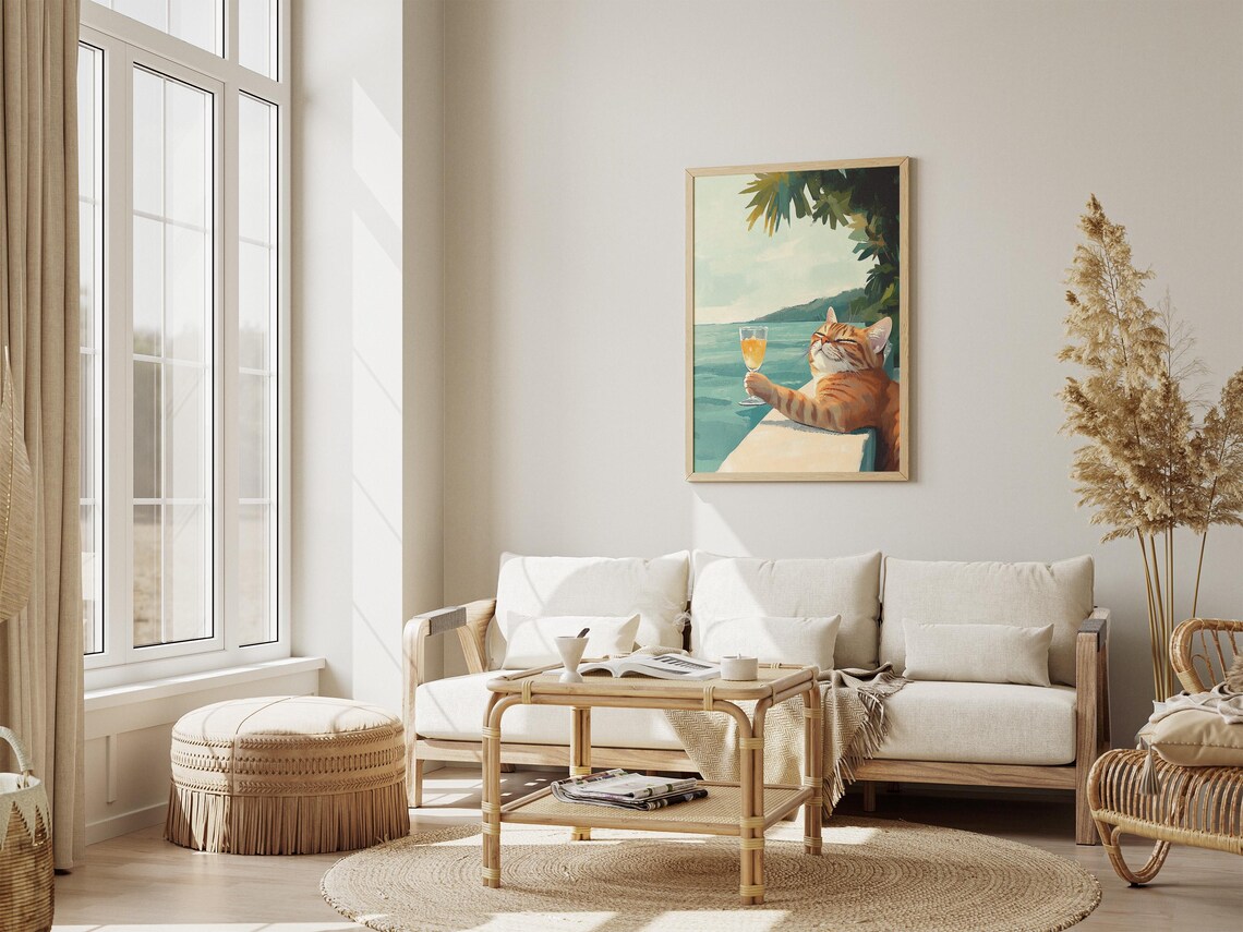 Content Orange Tabby Cat Enjoying A Cocktail By The Sea Poster - Image 4