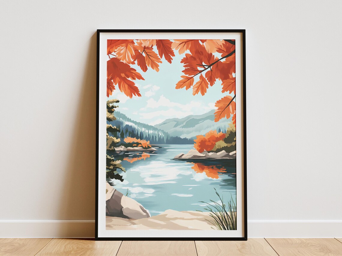 Fiery Red Autumn Leaves Framing A Turquoise Lake Landscape Poster