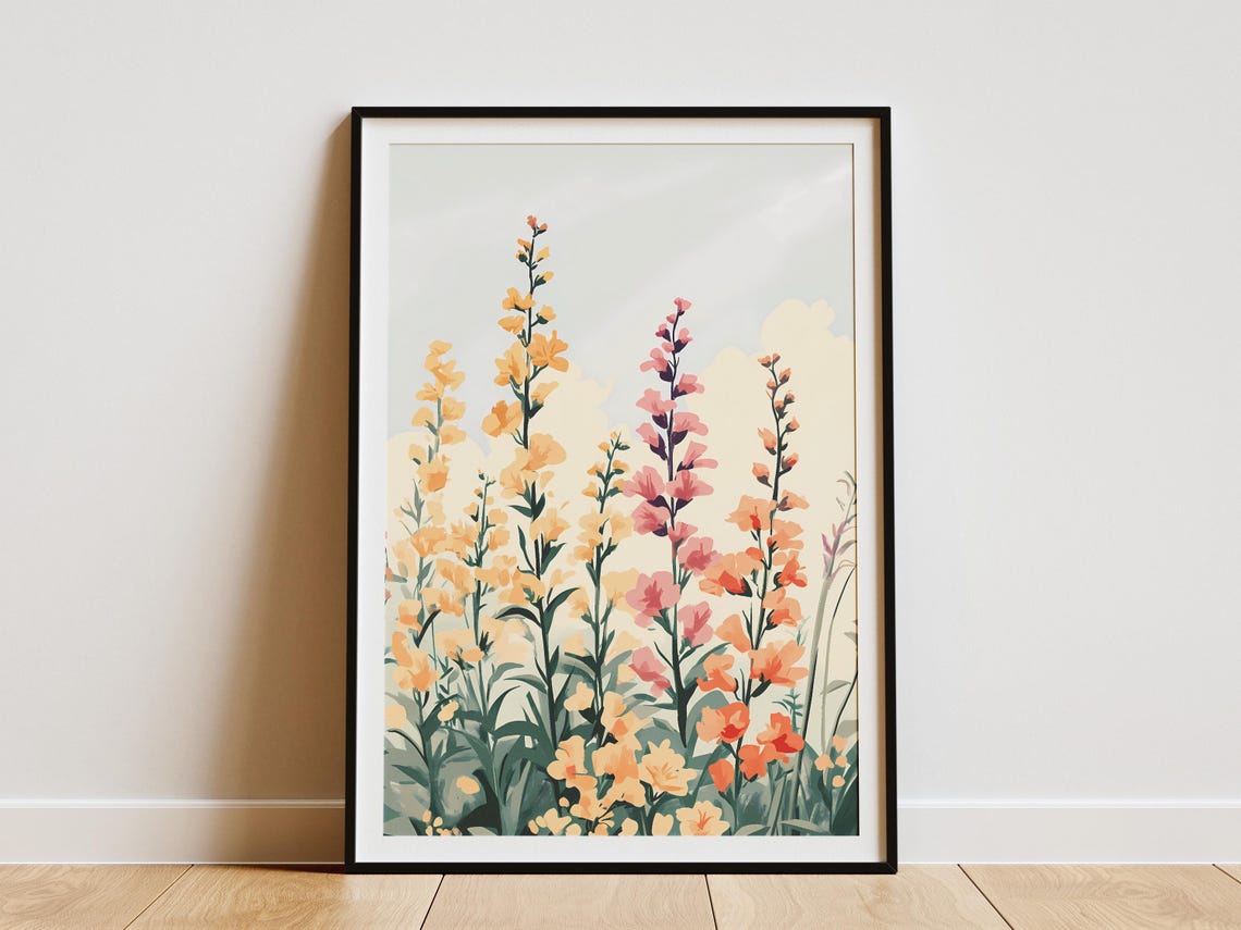 Peach Pink Snapdragon Wildflowers Against a Pale Sky Art Poster