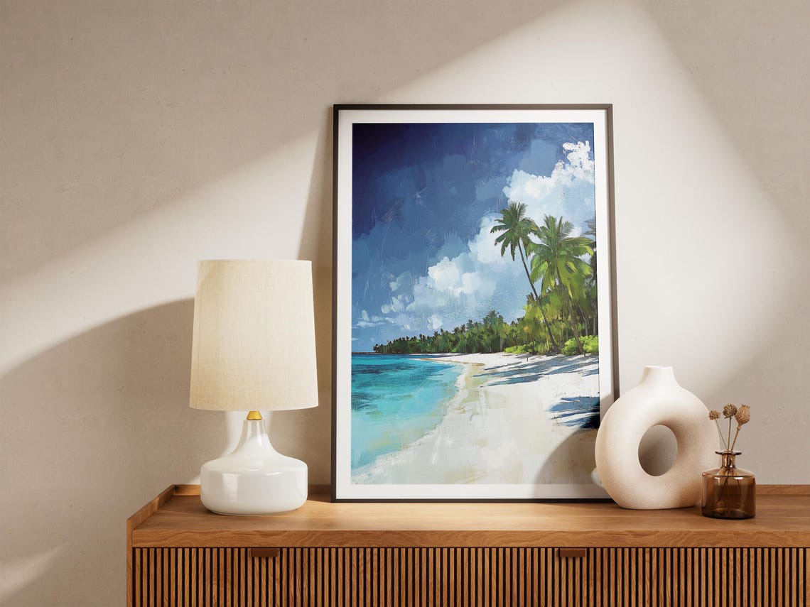 White Sand Island Beach Palm Trees Deep Blue Ocean Escape Poster - Image 4