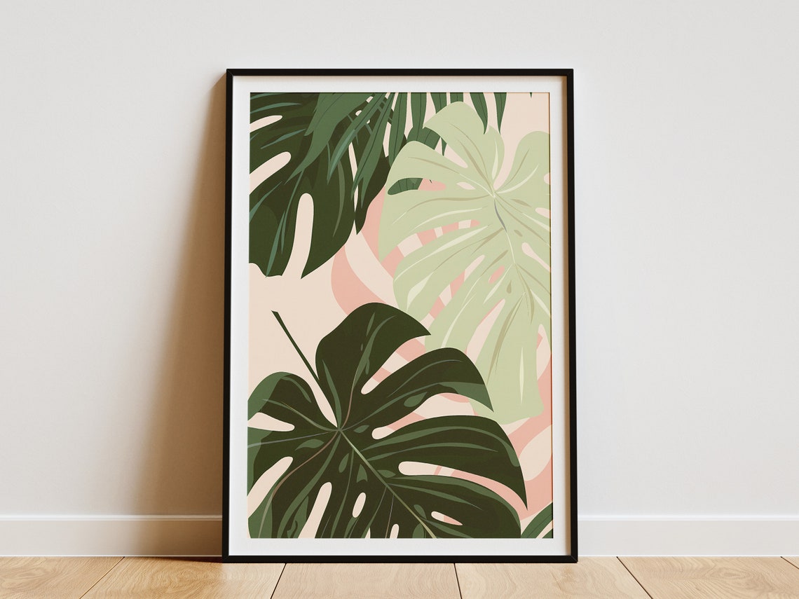 Monstera Leaves On Blush Pink Modern Tropical Botanical Art Poster