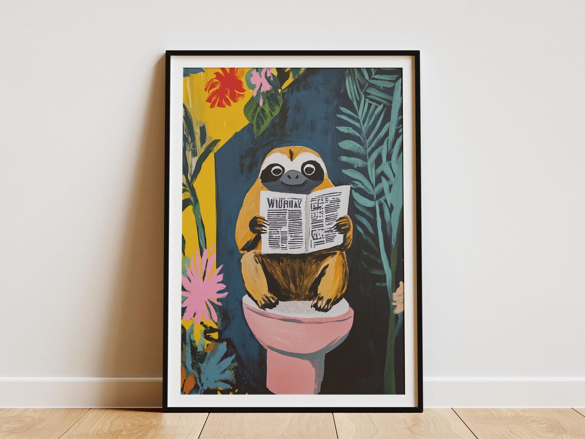 Sloth Reading Newspaper on Toilet Tropical Jungle Leaf Poster