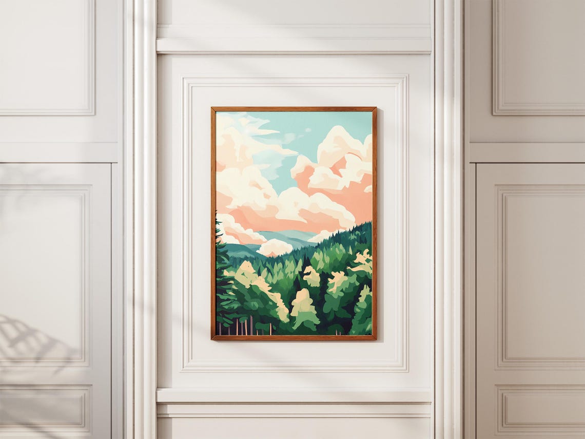 Serene Dreamy Pine Forest Beneath Pastel Peach Cloudscape Poster - Image 2