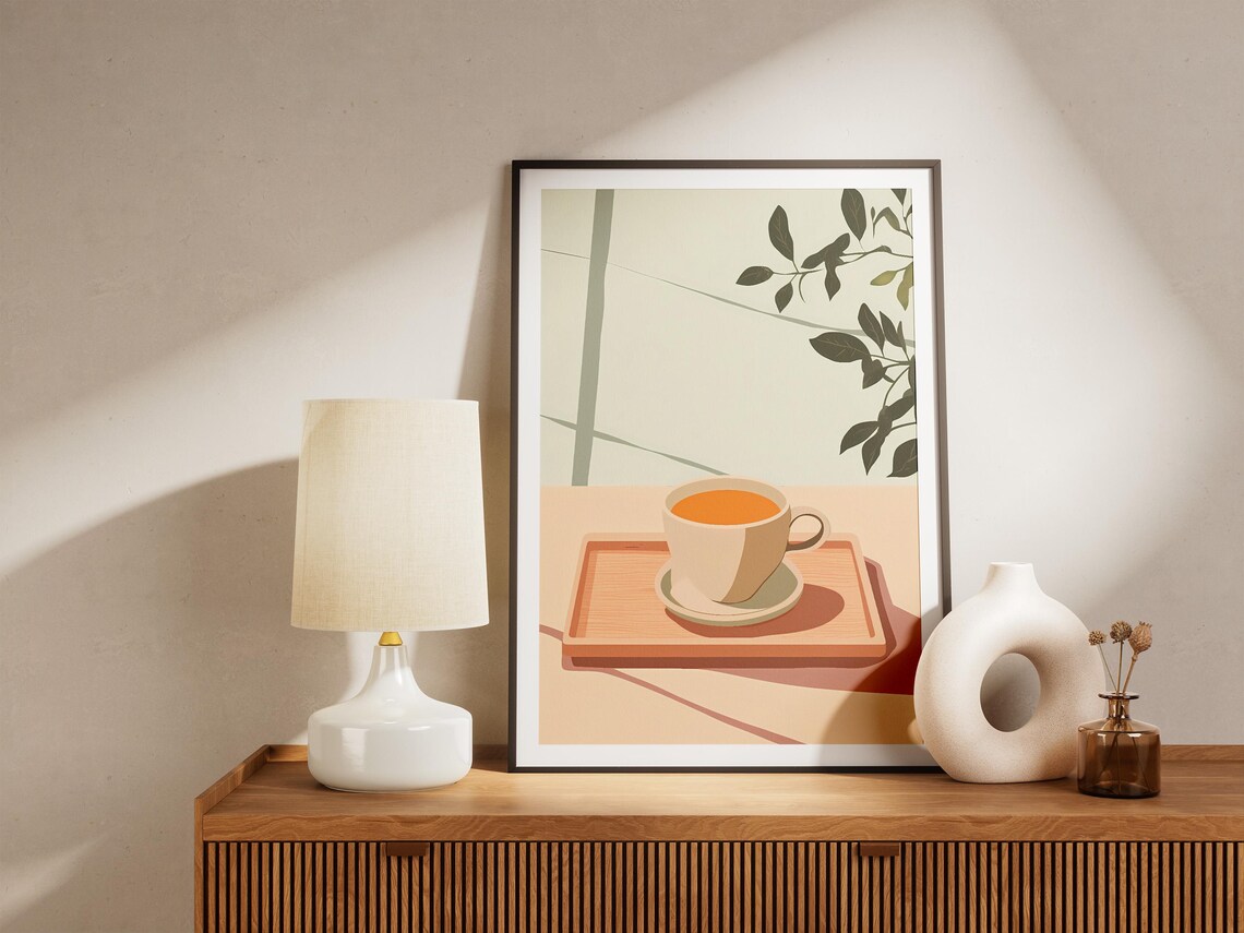 Minimalist Tea Cup Wooden Tray Calm Beige Botanical Kitchen Poster - Image 5