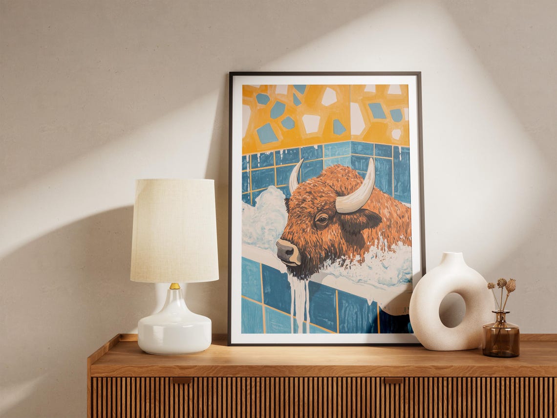 Shaggy Long-Horned Bison Soaking in a Retro Bubble Bath Poster - Image 5