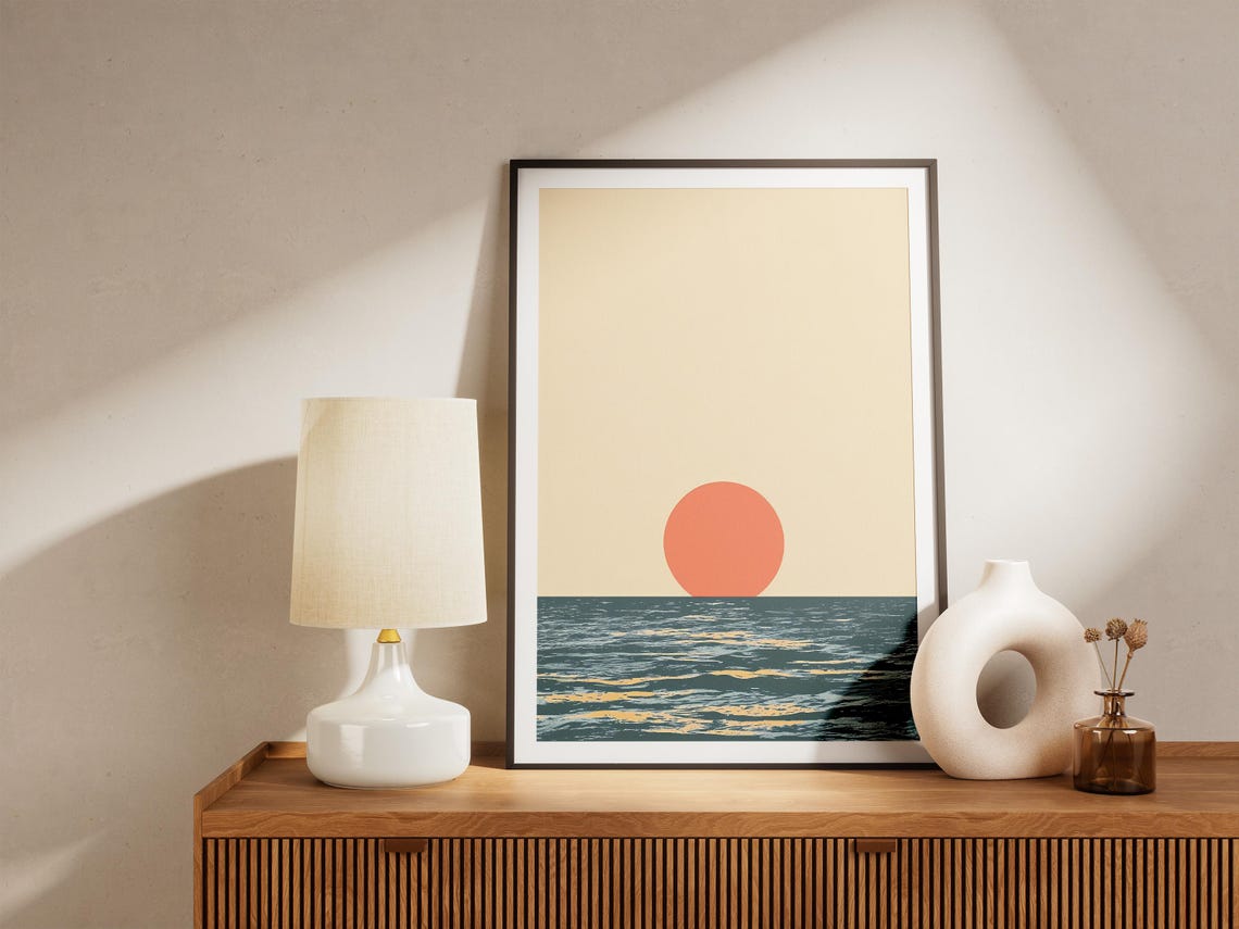 Minimalist Ocean Sunset Poster with Coral Sun over Teal Waves - Image 5