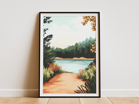 Lake House Cabin Poster Spring Foggy Lake Green Forest Nature Art Calm Lake Landscape Modern Minimalist Nature Print Boho Decor Wall Art