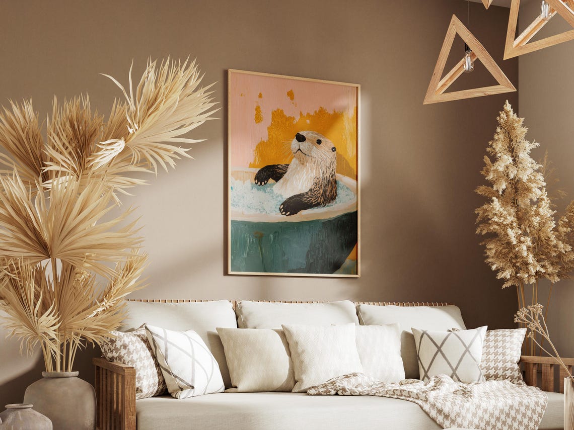 Sea Otter Relaxing in Bubble Bath Mustard Yellow Bathroom Poster - Image 3