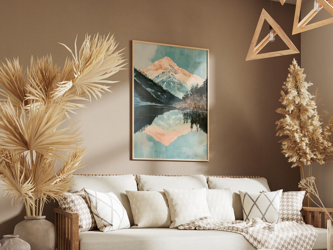 Soft Blush Snow Peak Reflection in Alpine Lake Watercolor Poster - Image 3