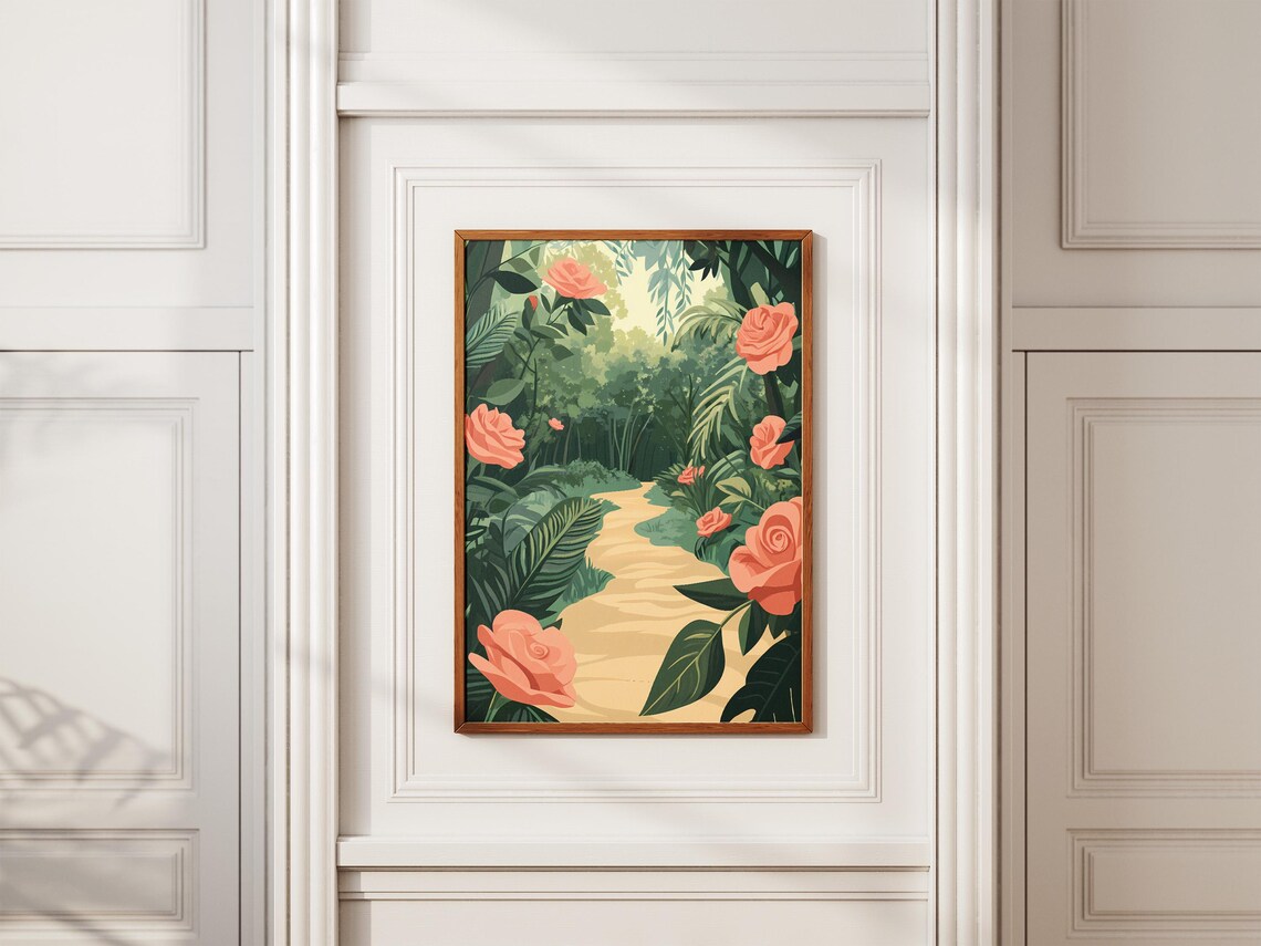 Coral Roses Climbing Along a Lush Forest Path Poster in Pink Garden - Image 2