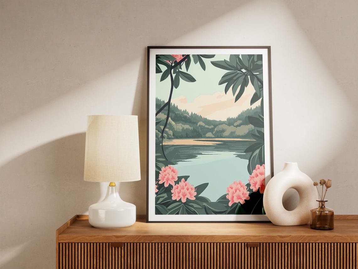 Lake House Print Rhododendron Lake Poster Floral Lake Art Nature Wall Art Botanical Print Calm Lake Poster Pink Flower Print Lake Landscape - Image 5