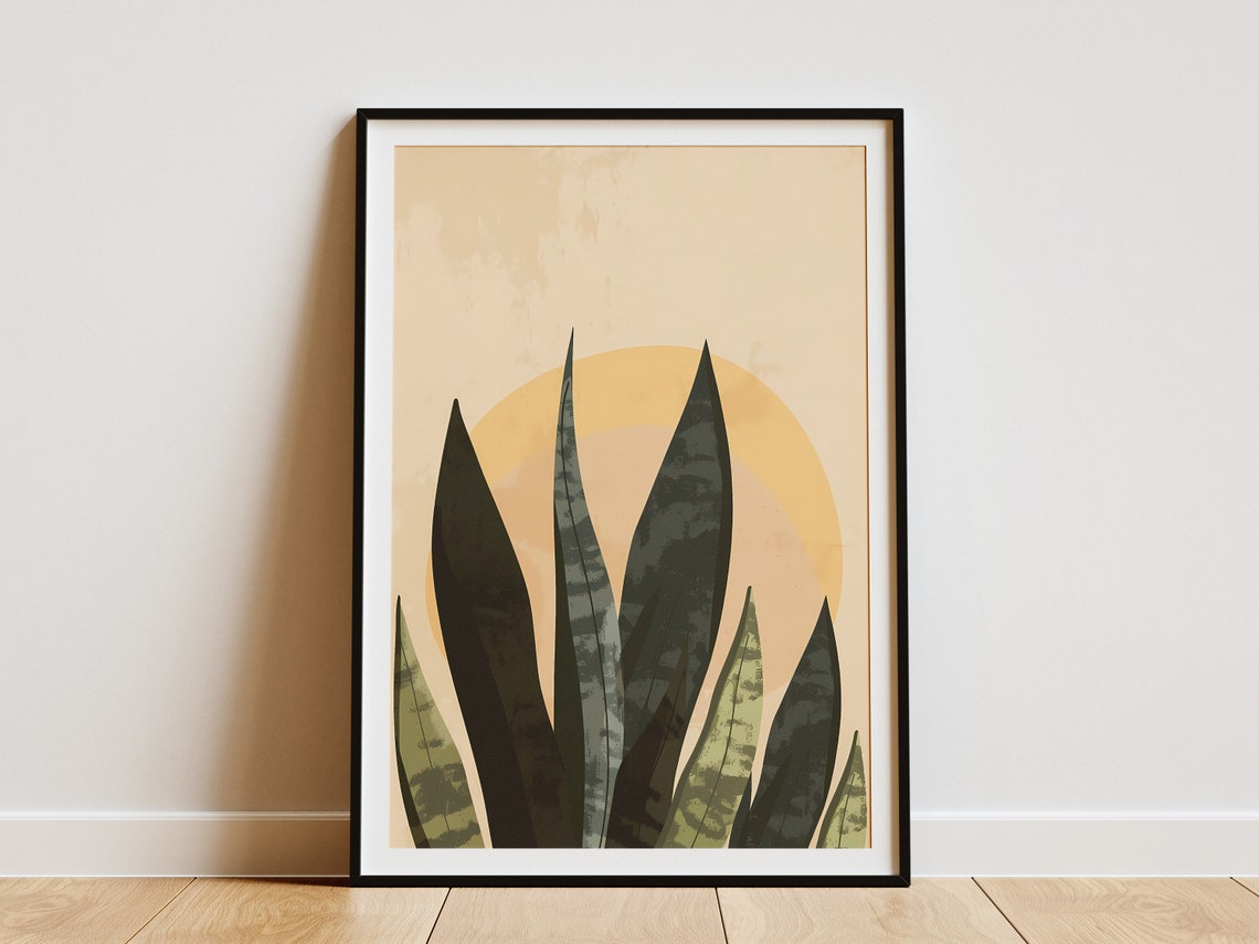 Snake Plant Leaves Sunset Circle Minimalist Boho Abstract Art Poster