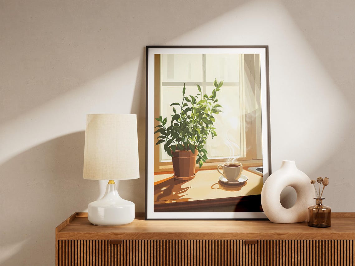Sunlit Windowsill With Potted Plant And Steaming Tea Cup Poster - Image 5
