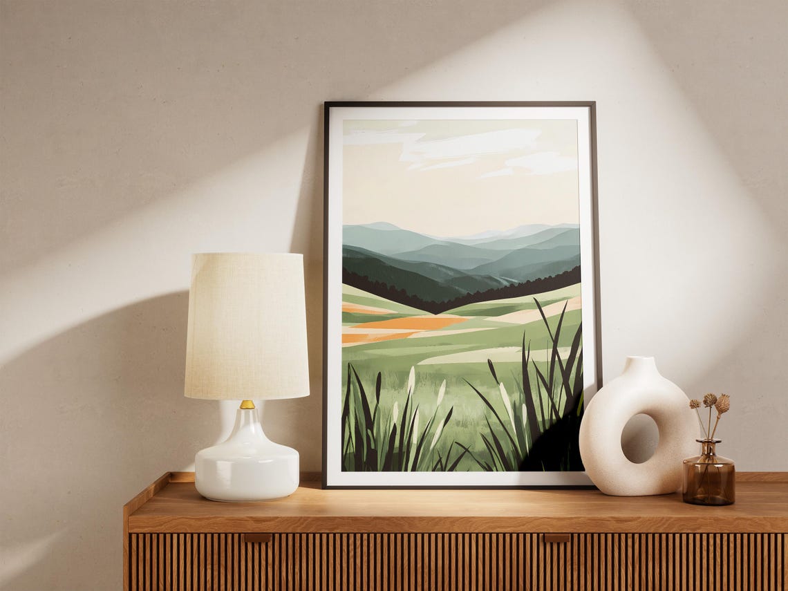 Minimalist Green Hills Meadow Wrapped in Morning Mist Poster - Image 5
