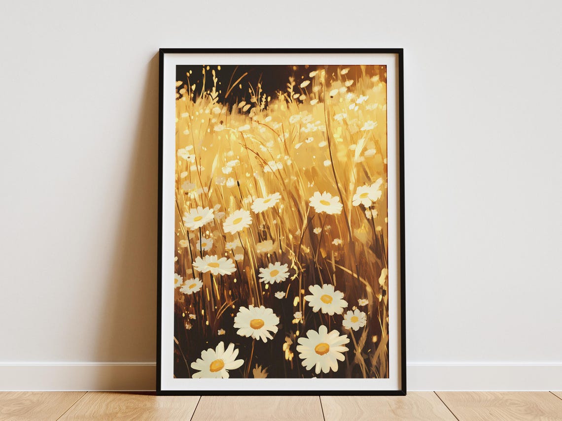 White Daisies in a Golden Wheat Field Poster With Warm Sunset Glow