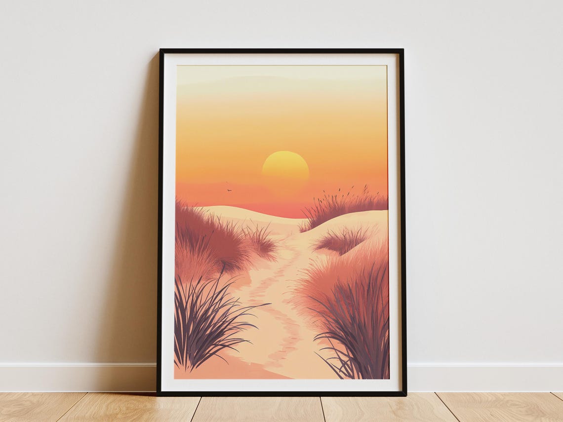 Orange Sunset Over Sand Dunes and a Winding Grass Path Poster