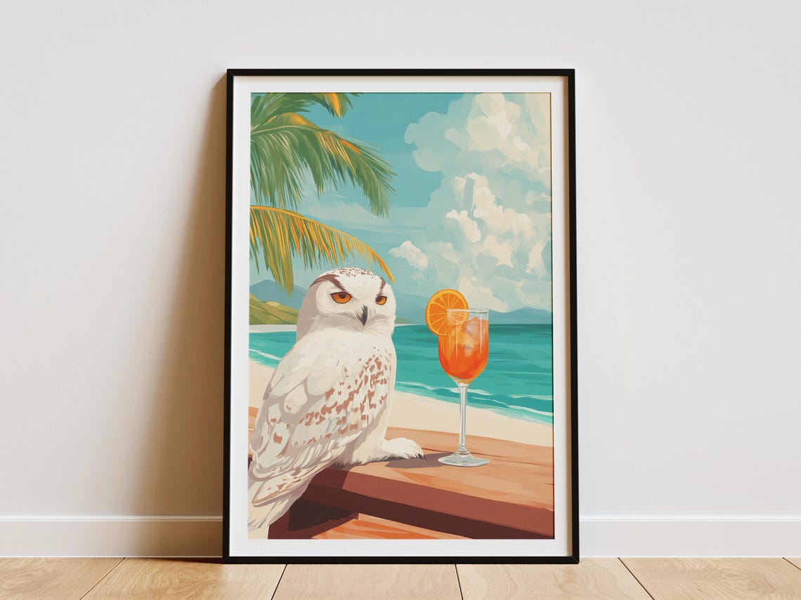 Snowy Owl Eyeing A Tall Orange Cocktail On Tropical Beach Poster