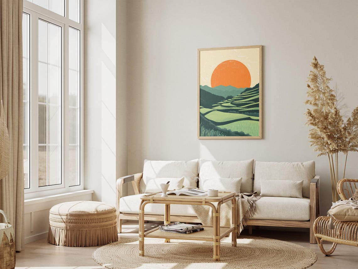 Sunset Over Green Terraced Rice Fields Giant Orange Sun Poster - Image 4