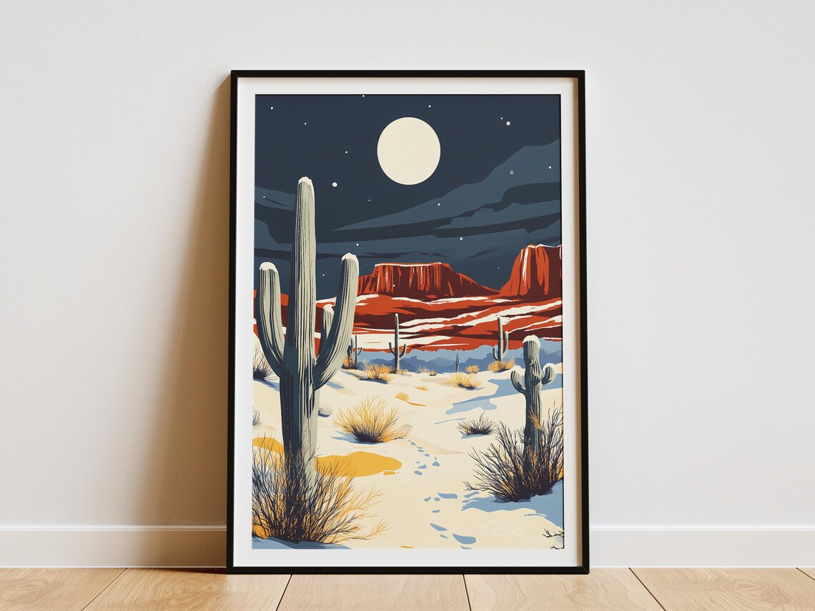 Snowy Desert Night Saguaro Cactus Under Full Moon Stars Poster