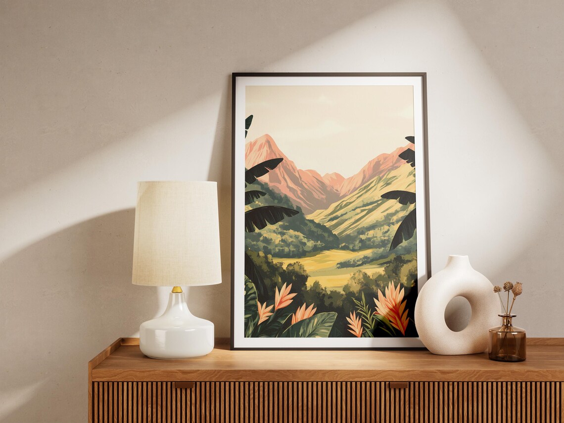 Tropical Mountain Valley With Heliconia Flowers and Pink Peaks Poster - Image 5