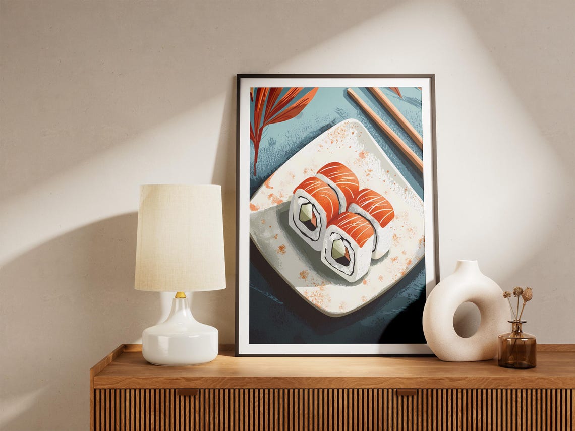 Salmon Sushi Rolls Japanese Food Flat Lay Illustration Poster - Image 5