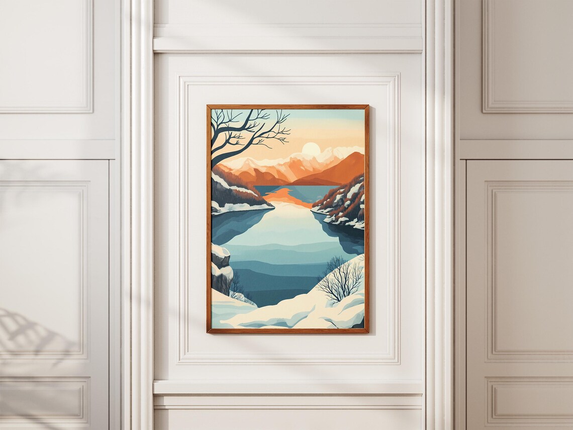 Blue Winter Lake With Snowy Shores Under Peach Sunrise Poster - Image 2