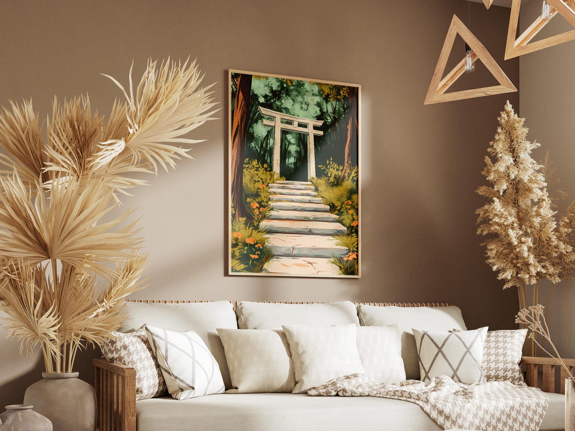 White Torii Gate Stone Steps Into Dark Forest Shrine Path Poster - Image 3