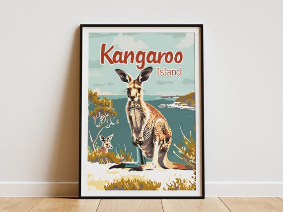 Kangaroo Island Australia Poster Vintage Travel Poster Animal Art Print Wildlife Art Wall Decor