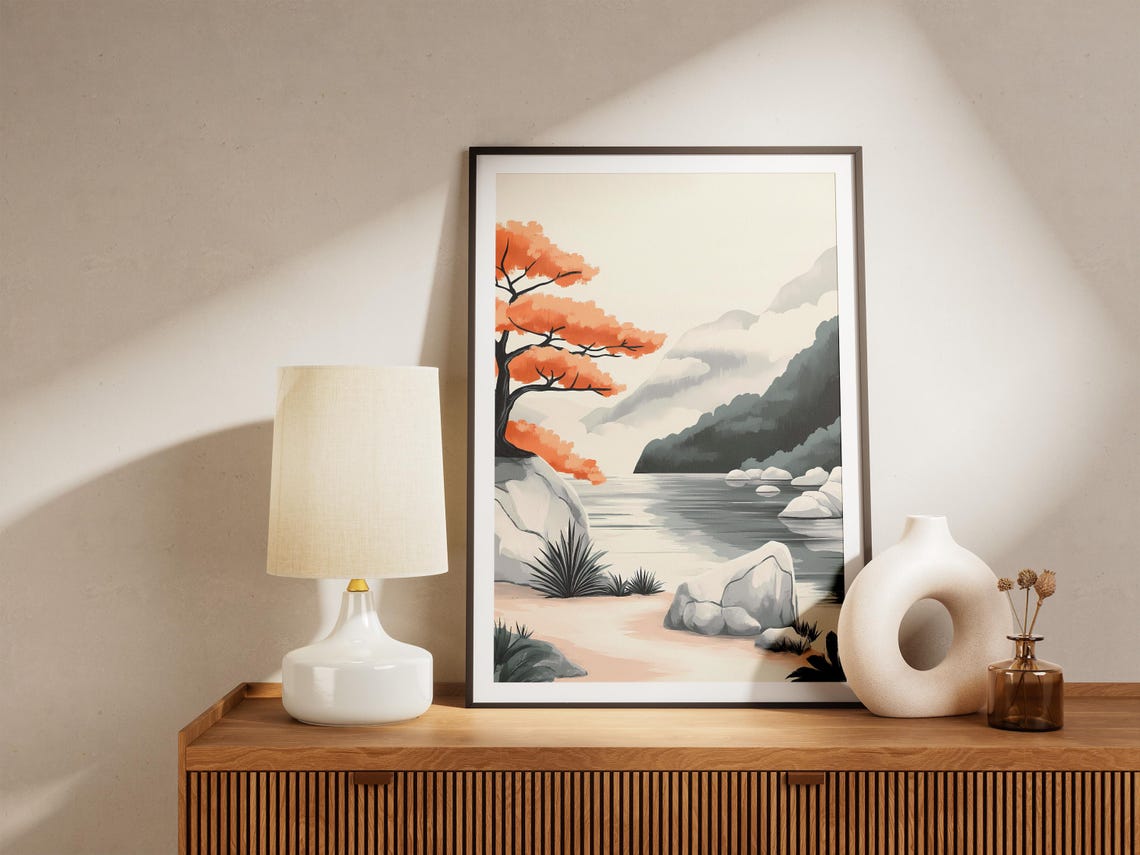 Orange Leafed Bonsai Tree Growing by a Misty Zen River Poster - Image 5