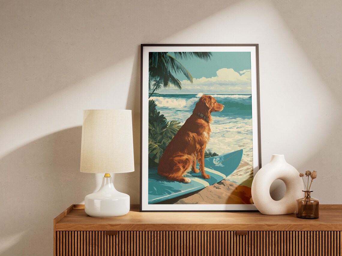Golden Retriever Blue Surfboard Beach Wave Dog Lover Art Poster - Image 4