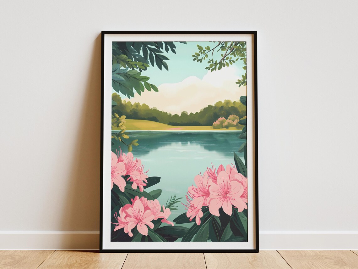 Blooming Pink Azalea Blossoms Calm Lakeside Garden Floral Poster