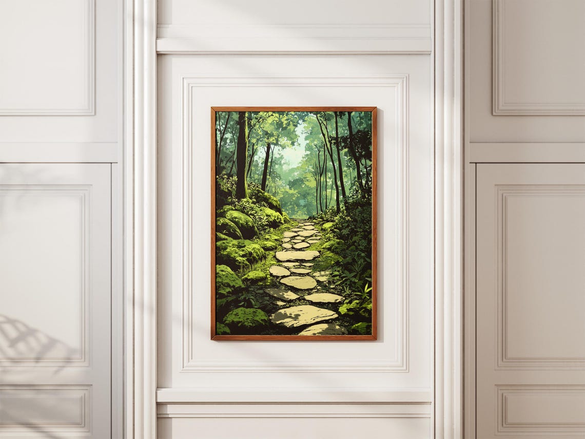 Mossy Stone Path Winding Through Lush Green Forest Art Poster - Image 2