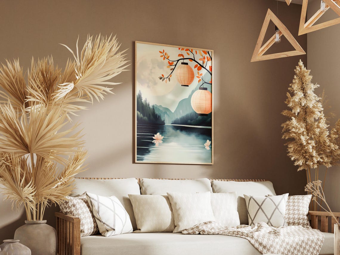 Paper Lanterns Over a Moonlit Lake With Lotus Flowers Poster - Image 3