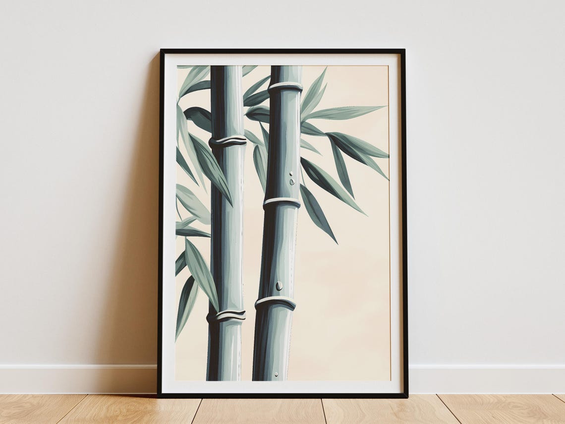 Blue Grey Bamboo Stalks Minimalist Botanical Zen Calm Poster