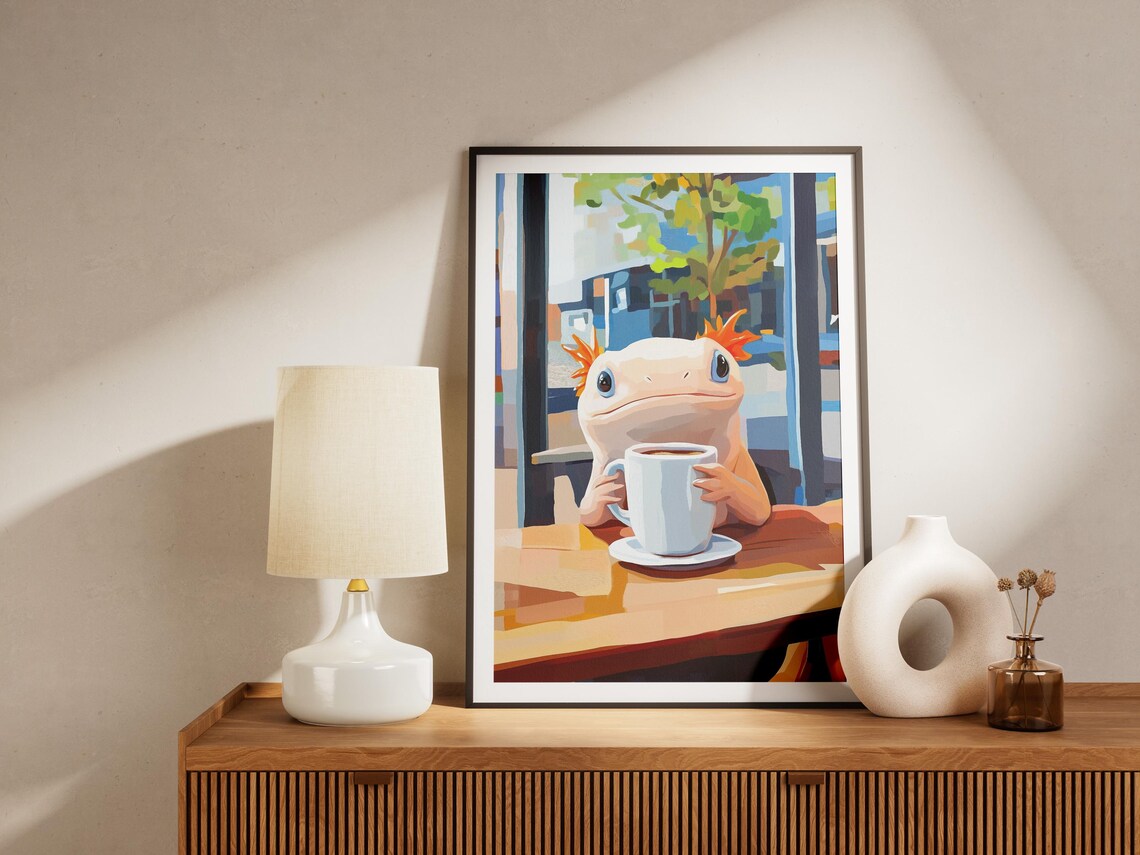 Adorable Axolotl Holding a Coffee Mug at a Cozy Cafe Table Poster - Image 4