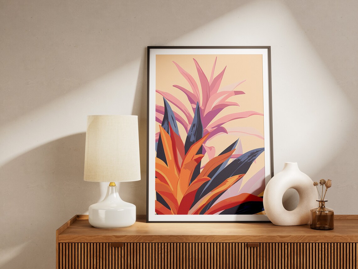 Bromeliad Tropical Leaves Pink Orange Minimalist Botanical Art Poster - Image 2