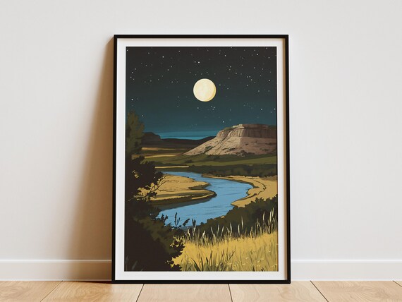 Theodore Roosevelt National Park Moon Over River And Badlands Poster